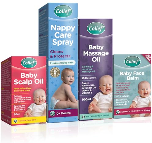 4 Pack Colief Baby Skin Care Essential Set | Newborn Bundle | Natural Nappy Care Spray, Massage Oil, Scalp Oil, Face Balm Stick | All Suitable from Birth