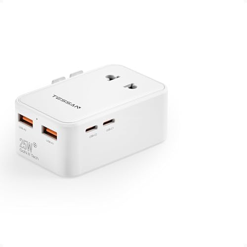 TESSAN Adaptateur Prise Universelle PD 25W avec 2 USB C et 2 USB A, Blanc | Adaptateur Universel de Voyage, Prise Internationale de Voyage pour Anglaise USA Japon Australie Canada Mexique Chine France