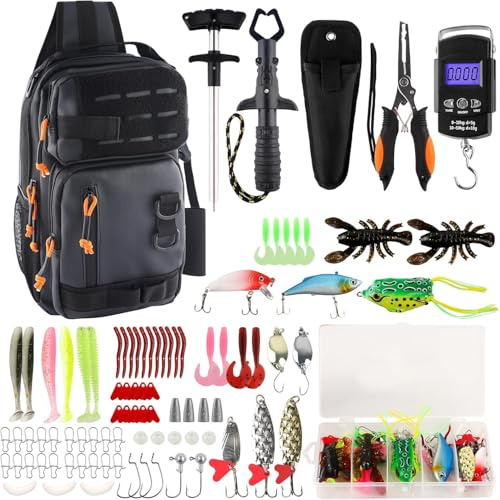 NewBEP Zaino da pesca con scatole per attrezzature, kit di attrezzi da pesca, leggero, impermeabile, borsa a tracolla con porta canna, regalo per pescatori, acqua salata e acqua dolce