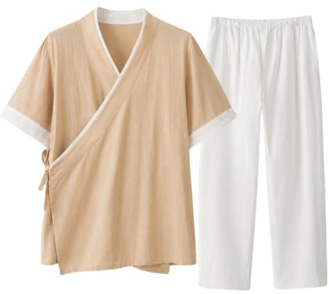 Herr te outfit set halv ärm öppen framsida topp och dragsko byxor vardag 2 delar set, A01 Kaki, XL