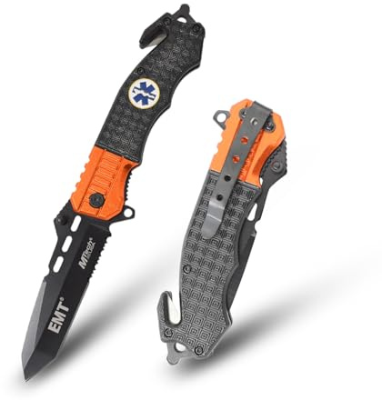 MTECH USA Pocket Folding Knife, 4.5-Inch Blade, Black Half-Serrated, Aluminum Handle with Glass Breaker, Pocket Clip, EDC (Orange)