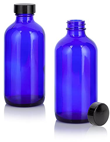 JUVITUS 8 oz Cobalt Blue Glass Boston Round Bottle with Black Phenolic Cone Lined Caps (2 pack)