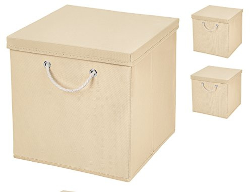 Stick&Shine 3er Set Creme Faltbox 30 x 30 x 30 cm Aufbewahrungsbox faltbar mit Kordel und mit Deckel