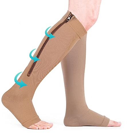 Calze di contenimento, 1 con cerniera, calze a compressione per uomini e donne, calzino di contenimento per vena varicosa, edema, piedi dolorosi e caviglie, S/M (Beige)
