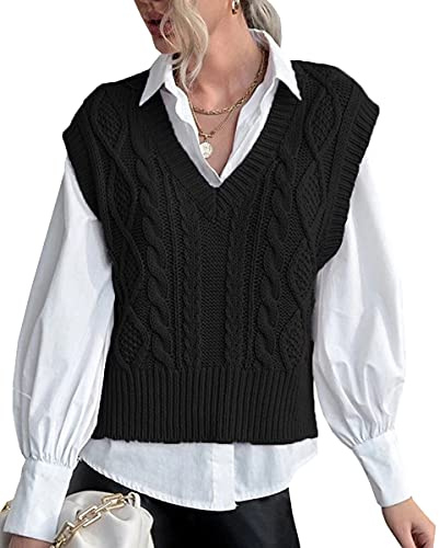 Lueluoye Women's V Neck Trendy Sweater Vest Cable Knit Sleeveless Cropped Sweater Vests Ribbed Preppy Sweater Vest Black M