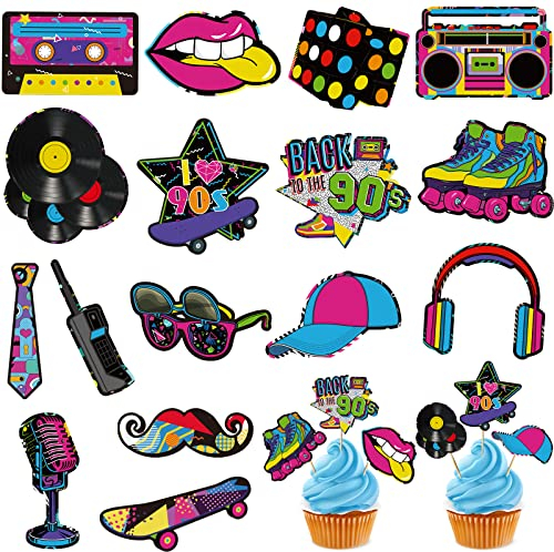 32 Pièces Topper de Cupcake des Années 90 Décoration de Fête d'Anniversaire à Thème des Années 90 pour Adultes Décoration de Fête des Années 90 Topper de Gâteau Cupcake Dessert Bricolage (90s Style)