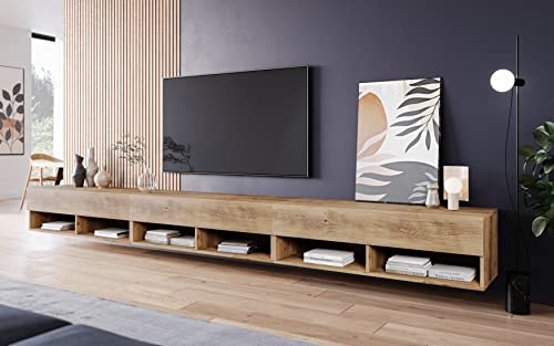 PIASKI Mueble de TV 300 cm LOWBOARD A, iluminación LED incluida, Mueble de televisor Grande, Mueble de televisión, Distintos Colores (Castaño)