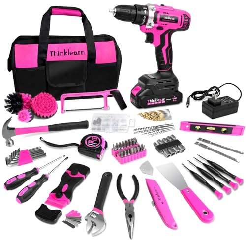 ThinkLearn 20V Cordless Drill Set - Pink Drill Kit for Women, DIY Home Repair Tool Set with Storage Bag