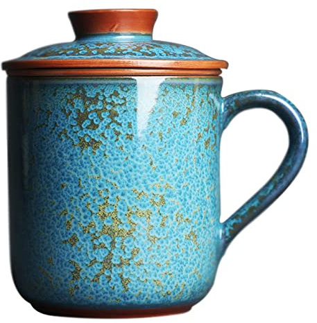 YlobdolY Tasse à Thé en Céramique avec Infuseur, Couvercle et Poignée - Porcelaine Émaillée Bleu Jade Faite à la Main en Chine