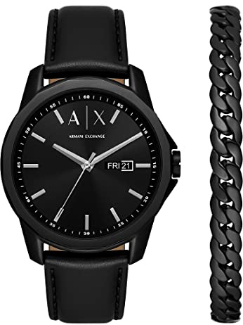 Armani Exchange Herrenuhr, Quarz-Dreizeiger-Datumwerk und 44mm Gehäusegröße mit Edelstahl- oder Lederarmband