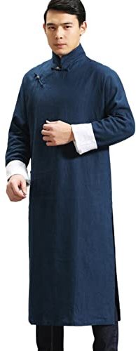 Ystylee Men's Kungfu Tai Chi Chinese Traditional Robe Gown Suit Mandarin Collar Cotton Linen Martial Arts Uniforms Long Shirt (Navy, L)