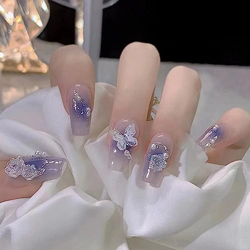 24 Stück Künstliche Nägel Lang, French Schmetterling Kamelie Kunstnägel Fingernägel zum Aufkleben, Acryl Falsche Nägel, Lila Sarg Press on Nails mit Nagelkleber Aufkleber für Frauen und Mädchen