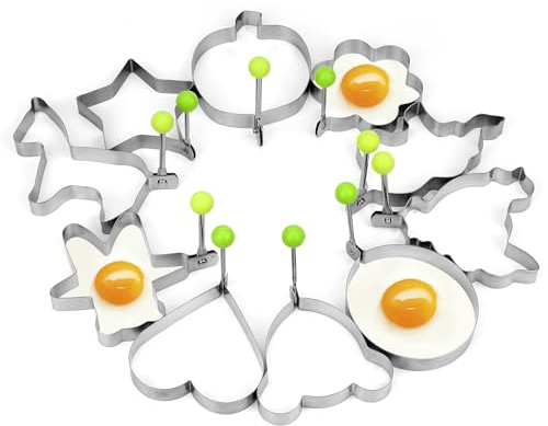 Linkidea Set da 10 Anelli per Uova per Friggere alla Piastra, Stampo per Uova in Acciaio Inossidabile a 10 Forme, Forma per Frittata Antiaderente con Manico per Panini, Hamburger, Pancake