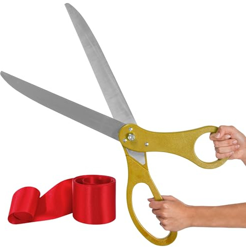 Gold Grand Opening Ceremony Kit - 63,5 cm Riesenschere Gold mit rotem Band für Einweihungen und Zeremonien, Riesenschere 63,5 cm zum Schneiden von Banden, Grand Opening Kit für besondere Anlässe