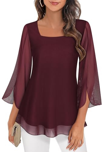 Syphiby Camicette da donna con maniche a 3/4, con volant, ampie, scollo quadrato, in chiffon, a doppio strato, taglie S-3XL, Rosso vinaccia, XL