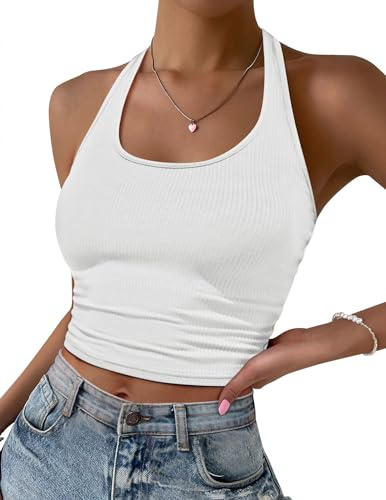 Ekouaer Debardeur Femme Crop Top Chic Et Élégant Ete Mode Dos Nu Sport Top Femme Côtelé Tricoté Debardeur, Blanc, L