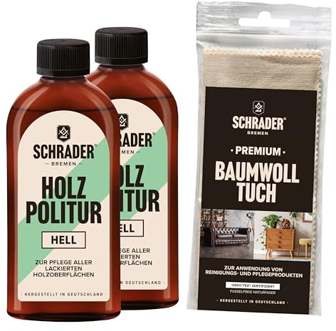 SCHRADER Holz Politur hell - Möbelpolitur - frischt lackierte Holzmöbel auf - 2x 250ml - Mit Poliertuch - Made in Germany