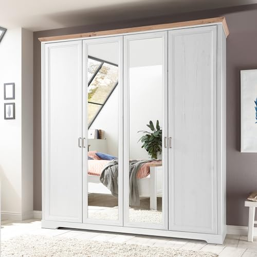 Lomadox Kleiderschrank Drehtürenschrank 4-türig 214 cm breit Pinie weiß mit Eiche