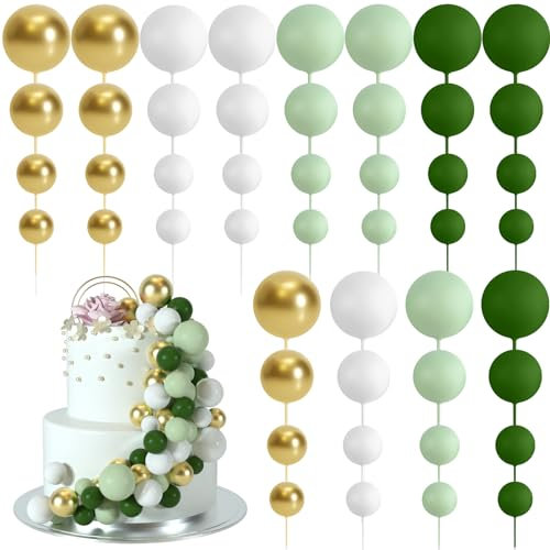 BOUBONI 48 Pz Palline Cake Topper Decorazioni Schiuma Cupcake Topper Palline Decorazioni per Torta Compleanno per Feste di Compleanno Matrimonio Anniversario (Verde, Verde Chiaro, Bianco, Oro)