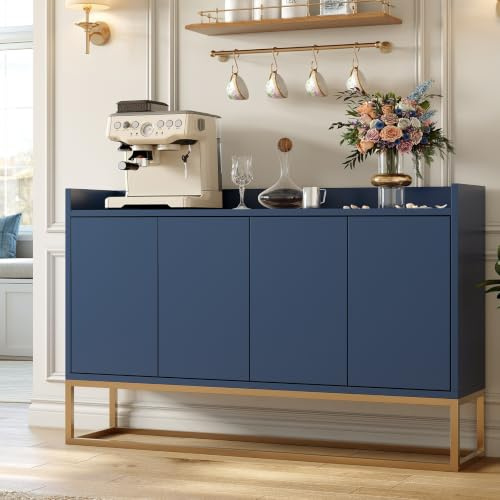 BHFFTHK Sideboard Kommode 120cm breit,Modernes Buffetschrank mit 4 Türe,Kommode Schrank Buffetschrank mit Verstellbares Regal und Metallbeinen für Wohnzimmer und Esszimmer Küche,Marineblau