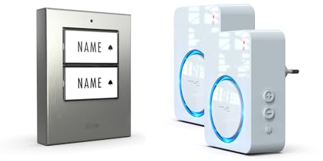 m-e Funkklingel BELL-522 AC Edelstahl gebürstet mit Sender und Empfänger für 2-Familienhaus - Erweiterbare kabellose Türklingel mit 300 Meter Reichweite -Türglocke für Steckdose - Türklingel Funk