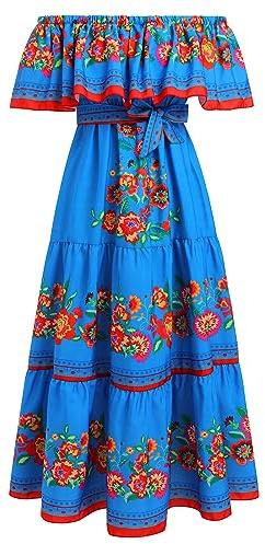 EFOGEP Robe mexicaine d'été bohème à fleurs pour femme - Robe drapée - Épaules dénudées - Robe traditionnelle Fiesta - Robe longue bohème - Robe maxi décontractée pour mariage, plage, fête - Avec