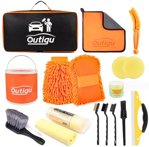 Outigu Kit de nettoyage de voiture avec sac de rangement, kit de lavage de voiture 16 pièces, kit de nettoyage de voiture avec gant de lavage, gants de lavage de voiture, brosses de détail, ensemble