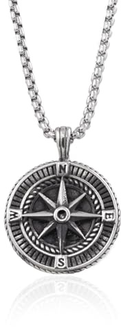 Galis Mens Stainless Steel Compass Necklace - Compass Navigation 22 mm Round Pendant Necklace - Durable, Versatile Style - Gift for Him