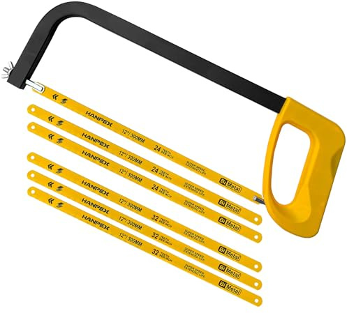Hanpex 12in. High-Tension Hacksaw Frame with 5pcs Extra Bi-metal Blades, Hand Saw Suitable for Metal, wood, PVC, Carpentry