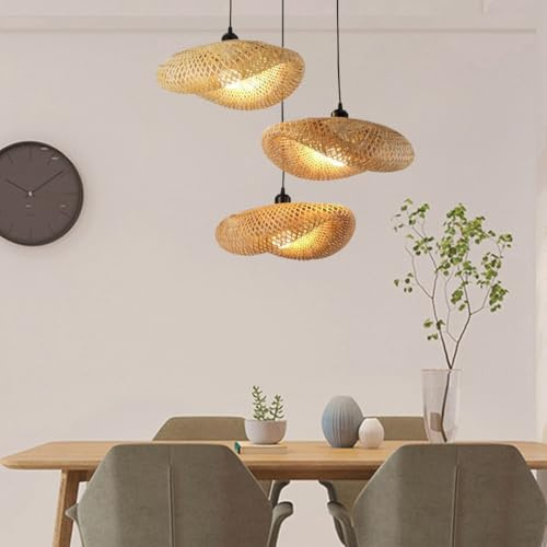 COOYO Vintage Rattan Bambus Pendelleuchte Natural Wicker Esstisch Pendelleuchte 3-Flammig Decke Hängelampe Hand gewebt mit Rattan Lampenschirm Schlafzimmer Wohnzimmer Esszimmer e27 Kronleuchter