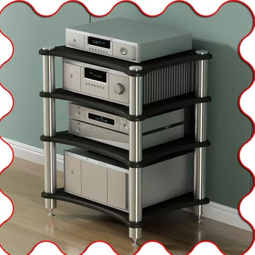 Moderner 4-stöckiger Druckerständer, Audio-, Video, Medien-Regal für AV-Komponenten, multifunktionales Stereo-Regal mit stoßdämpfenden Pads, HIFi-Aufbewahrung, Organizer in Schwarz