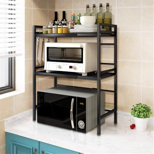 Supfine 3 Etagen Erweiterbares Mikrowellen Regal, Ausziehbares Mikrowellenregal mit 6 Hängenden Haken, Mikrowellenständer mit Aufbewahrung für Küchentheke Organizer (Schwarz, 40-64 * 36.5 * 78cm)