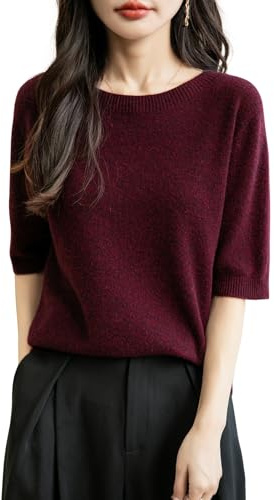 Chanyarn Donna 100% Lana Merino Manica Corta Maglione 2025 Primavera Estate Inverno Morbido Girocollo Senza Cuciture Maglia Maglione (Dark Red,L)