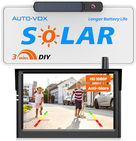 AUTO-VOX Solar Wireless Backup Camera:3 Mins DIY Installation & Upgraded 5 HD 1080P Anti-Glare Monitor, Reliable Signal for a Clear View, IP69K Waterproof Back up Camera for Car, Van, SUV, Truck