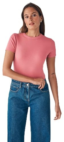 THE SET Femme T-Shirt côtelé à Manches Courtes, Lot de 4 Noir/Rose Pink/Crème/Gris Clair M