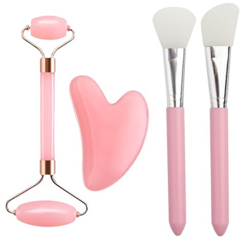 OUDQFCJ 2 pezzi rullo di giada, kit per il raschiamento e la cura della pelle, strumenti per il massaggio, massaggiatori per il viso e il collo, maschere anti-età con spazzola, pelle rilassante