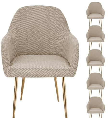 Esszimmerstuhlbezüge Stuhlbezüge mit Armlehnen (1/2/4/6er Set) - Moderne Jacquard Bezüge mit Dehnfunktion, Passend für Büro- und Schminktischstühle(Khaki,6PCS)
