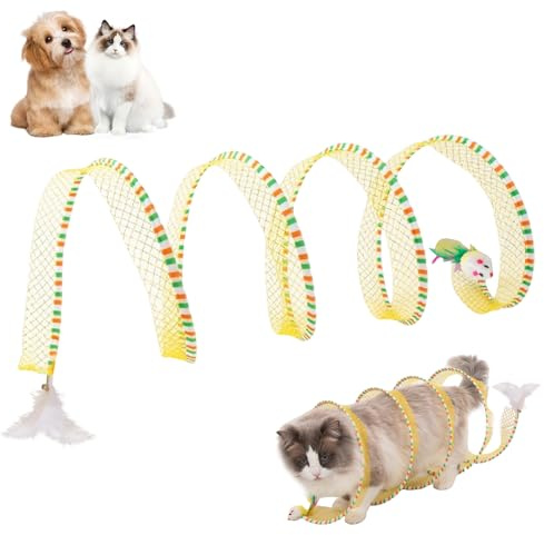 Katzentunnel Katzenspielzeug, Faltbar S Katzen Tunnel, Spirale Katzenangel mit Plüschmaus Glöckchen und Feder, Katzenspielzeug Interaktiv Spieltunnel für Alle Katzen Kaninchen (Gelb)