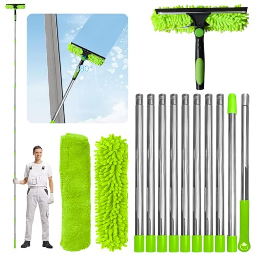 Exquilnova 4.5M Window Cleaning Equipment,Telescopic Window Cleaner with 2-in-1 Silicone Squeegee,Coral Velvet Pad for Home Windows,Bathroom Glass,Car Glass,Upstairs Windows,Solar Panels(Green)