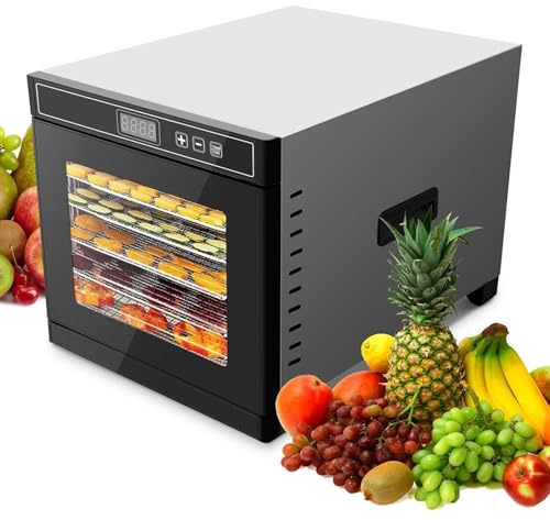 Food Dehydrator with 6 Stainless Steel Trays, Digital Timer & Temperature Control for Jerky, Dog Treats, Herbs, Meat, and Fruit Drying