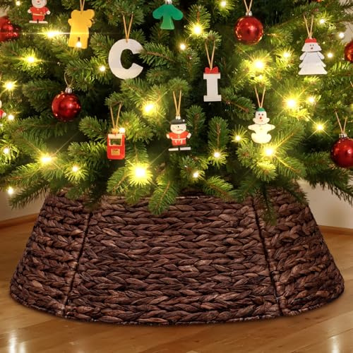 Lanpn Naturel Rotin Collier Sapin Noël 71 cm, Rond Housse de Décorative Cache Base Pied Jupe de Sapin de Noel Vannerie Decorations Christmas Tree Collar pour Petit Mini Arbres Artificiels (Brun)