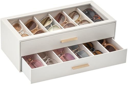 Lolalet Boîte à Lunettes 2 Niveaux, Rangement de 12 Paires de Lunettes de Soleil avec Couvercle Transparent et Tiroirs, Grande Capacité pour Lunettes et Accessoires