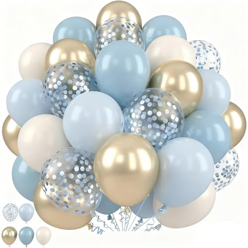 Luftballons Blau, 30 Stück Champagner Gold Konfetti Macaron Bluey Ballons, Hellblau Baby Blaue Sand Weiß Helium Ballon für Junge Geburtstag Baby Shower Hochzeit Taufe Babyparty (Blau-beige-gold)