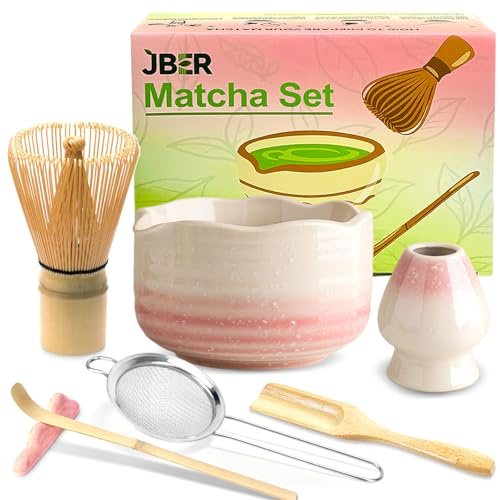 JBER Matcha Set Rosa, Matcha Besen Set 7 Teiliges - Bambusbesen, Matcha Schale mit Ausgießer, Sieb und Zubehör, Perfekt für Matcha-Liebhaber - Farbverlauf Pink