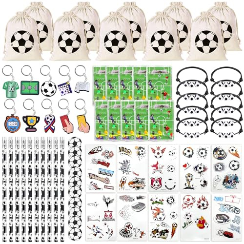Fußball Mitgebsel Kindergeburtstag Junge, 70 Stück Fussball deko Geburtstag Kinder, Party Mitgebsel mit Fußball Flipperspiel Jutebeutel Armband Schlüsselanhänger Radiergummis Bleistifte Aufkleber