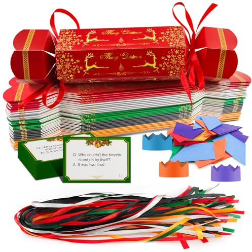 Shudyear Confezione da 30 cracker natalizi, per creare il proprio kit di cracker di Natale, scatole di carta per caramelle e caramelle, regalo di Natale per la famiglia, con cappelli e biglietti per