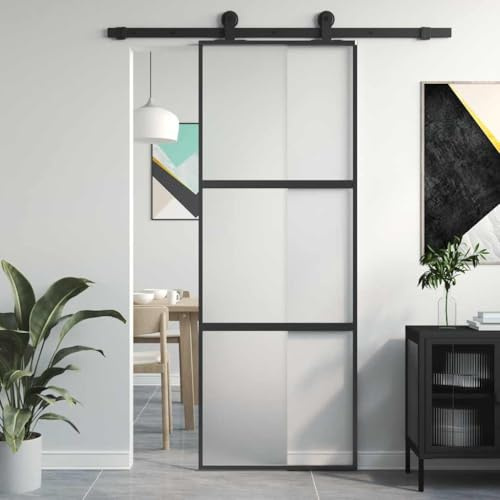 ACAGALA Glasschiebetür 76x205 cm, ESG Sicherheitsglas Alu Rahmen - Raumtrenner Schiebetüren Innen minimalistisch, Schwarz und matt, 2 Horizontale Stäbe(kein Zubehör)