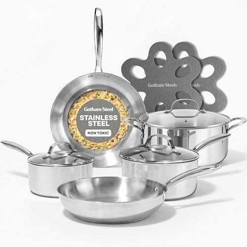 Gotham Steel 10 Pcs Tri Ply Stainless Steel Cookware Set, Pots and Pans Set with Induction Bottom, Made Without PTFE PFOA PFOS, Metal Utensil Safe, Oven and Dishwasher Safe