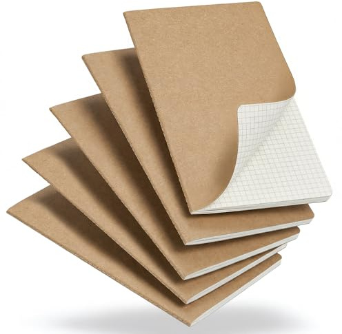 5er Set Notizbuch A5 Kariert - Kraftpapier-Notizheft mit Fadenbindung | 60 Seiten, 80g/m² beiges Papier, 5 x 5 mm kariert, flachliegend für Schule, Büro, Reise & Notizen