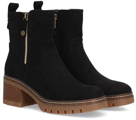 98185 Botin con tacon para mujer con estampado liso, cuenta con cremallera lateral que facilita el calce y una suela dentada para los dias de Otono invierno. Tacon ancho comodo. Negro Talla 39